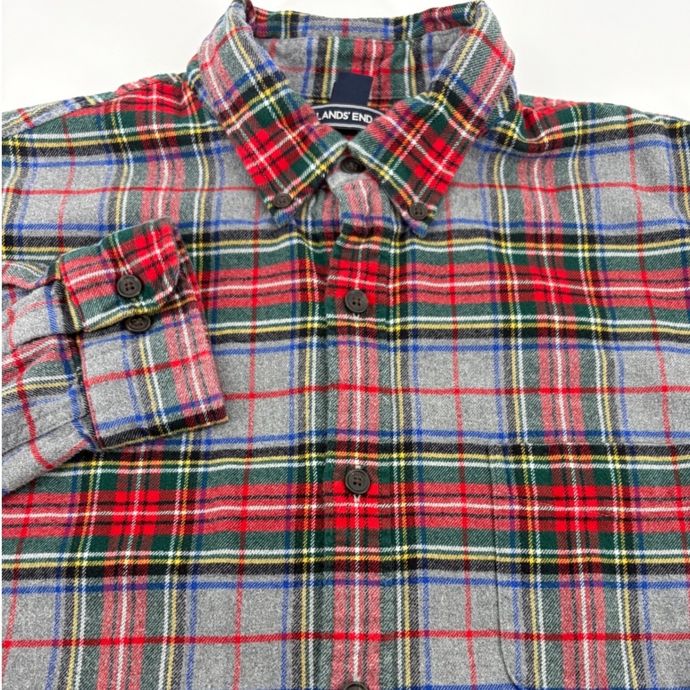 Lands End Mens Grey Red Plaid Cotton Flannel Button‎ Down Shirt Long Sleeve